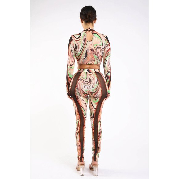 Women's Hollowed Out Fabric Contrast Set Mock Neck Long Sleeve Sexy Cute Outfit - Picture 3 of 10
